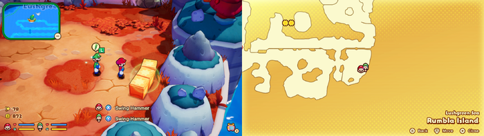 Mario and Luigi near wooden crates containing 2 Coins on Rumbla Island of Mario & Luigi: Brothership.
