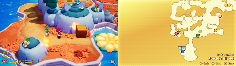 Mario and Luigi near 2 Sprite Bulb Nests on Rumbla Island of Mario & Luigi: Brothership.