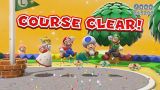 Fire Princess Peach, Super Mario, Luigi, and Toad clear a level.