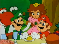 Mario, Luigi, Princess Peach, Yoshi and Red Yoshi enjoy a picnic together.