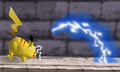 Pikachu uses its Thunder Jolt move in Super Smash Bros.