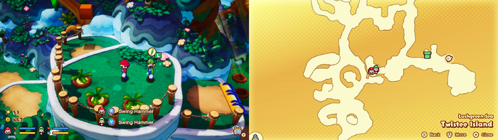 Mario and Luigi near 3 Plug Radishes containing 9 Coins on Twistee Island of Mario & Luigi: Brothership.