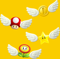 A coin, a Super Mushroom, a Super Star, and a Fire Flower with wings.