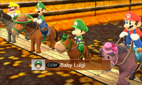 Baby Luigi riding on a horse in Advanced difficulty from Mario Sports Superstars