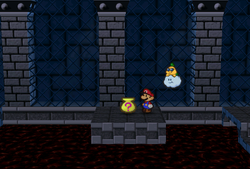 Mario finding Mystery in Bowser's Castle of Paper Mario.