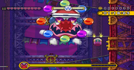 A screenshot of Wario fighting Chortlebot.