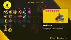 The "Skills" screen in Donkey Kong Bananza