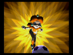 Princess Daisy about to use her Super Strike, the Torpedo Strike, in Super Mario Strikers.