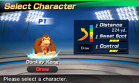 Donkey Kong's stats in the golf portion of Mario Sports Superstars