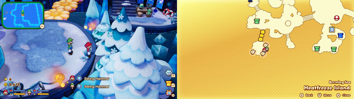 Mario and Luigi near 2 Sprite Bulb Nests on Heatfreeze Island of Mario & Luigi: Brothership.
