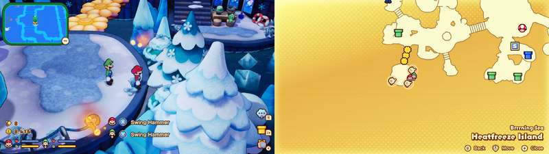 Mario and Luigi near 2 Sprite Bulb Nests on Heatfreeze Island of Mario & Luigi: Brothership.