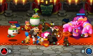 Screenshot of a battle at the Like Father, Like Son quest in the Bowser Jr.'s Journey mode of Mario & Luigi: Bowser's Inside Story + Bowser Jr.'s Journey.