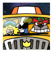 A photo of Dribble, Spitz, and Orbulon inside the Dribble Taxi