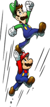 Artwork of Mario and Luigi performing the High Jump in Mario & Luigi: Superstar Saga + Bowser's Minions.