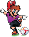 Mario is in a jersey of the soccer club Kyoto Purple Sanga (promotional art for the Super Mario Special Day on July 24, 2002 in the club's stadium)