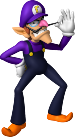Artwork of Waluigi for Mario Party: Island Tour (reused for Mario & Sonic at the Rio 2016 Olympic Games)
