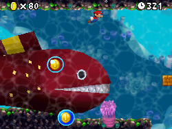 A Mega Unagi in World 8-3 in the game New Super Mario Bros.