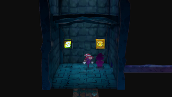 Mario next to the Shine Sprite halfway from the outdoor pipe to the inside of Creepy Steeple in the remake of the Paper Mario: The Thousand-Year Door for the Nintendo Switch.