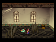 A room in Rogueport Sewers (right) recreates a puzzle from Tubba Blubba's Castle (left).