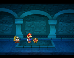 Mario near Sun Stone in the Shhwonk Fortress part of Petal Meadows of Paper Mario: The Thousand-Year Door.