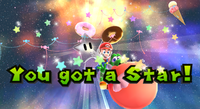 Mario, Yoshi, and a Smeech getting a star in the Sweet Mystery Galaxy due to a glitch.
