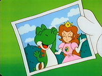 Postcard featuring a photo of Princess Peach and Yoshi in Super Mario World: Mario to Yoshi no Bōken Land.