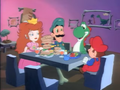 Mario, Luigi, Princess Toadstool, and Yoshi back at home, eating healthier.