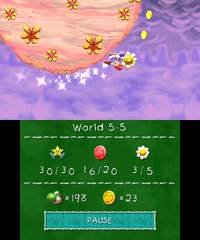 Smiley Flower 4: In a room with a door. This room can be accessed when Purple Yoshi hits a hidden Winged Cloud to the left of the top most cloud platform that horizontally moves left and right; it spawns a staircase that leads to the door. The Smiley Flower is located underneath a circular platform that Super Yoshi can run underneath.