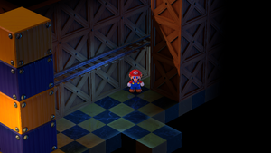 Mario finding a Flower Tab inside the crevice in the Booster Tower of Super Mario RPG.