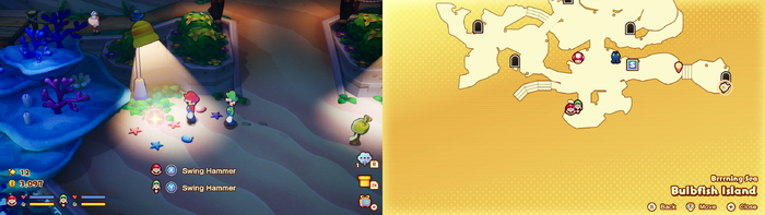 Mario and Luigi near a Super Candy on Bulbfish Island of Mario & Luigi: Brothership.
