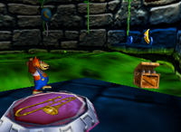 A blue Banana Balloon, a set of blue Banana Coins and a Golden Banana for Lanky Kong in Creepy Castle.