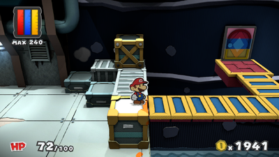 Mario in front of the revealed platform in Fort Cobalt of Paper Mario: Color Splash.