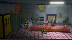 Mario getting the Dizzy Dial from a locker in Glitz Pit of Paper Mario: The Thousand-Year Door for Nintendo Switch.