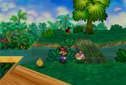 Mario finding a Coin from a bush in Jade Jungle of Paper Mario.