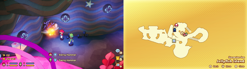Mario and Luigi near a Sprite Bulb Nest on Jellyfish Island of Mario & Luigi: Brothership.