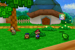 Mario finding Koopa Leaf in the southeast bush at the southeastern corner of the first scene in Koopa Village of Paper Mario.