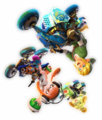 Mario Kart 8 Deluxe artwork of the Inkling Girl racing alongside Link and Isabelle