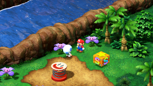 Toad giving Mario the Koopa Shell and later Frog Coins at the end of Midas River of Super Mario RPG.