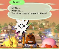 Pikachu and Kirby are tired by Mr. Resetti's lecture.