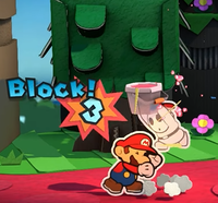 Mario performing a block against a Paint Guy in Paper Mario: Color Splash.