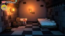 Mario standing near a Flashy Mushroom hidden behind some crates in Bowser's Castle of The Origami King.