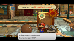 Mario getting a Ultra Mushroom from Lucky in Rogueport of Paper Mario: The Thousand-Year Door for Nintendo Switch.
