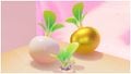 A regular turnip, a turnip sprout, and a golden turnip in Super Mario Odyssey