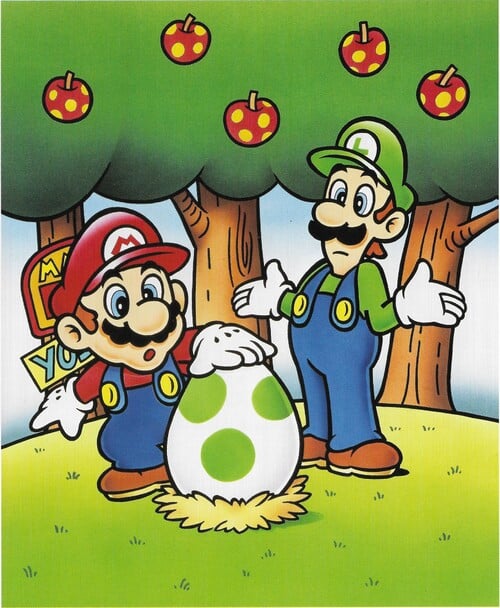 Mario and Luigi stand underneath the trees that make up Yoshi's House, as depicted in Super Mario World. They are inspecting a Yoshi Egg in a little nest on the ground, with Mario placing a hand on top of it and looking confused, while Luigi stands slightly behind the egg and shrugs. Mario partially obscures Yoshi's mailbox in the background. Five Yoshi Fruits, depicted similarly to red apples with yellow spots, hang in the canopy.