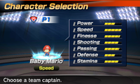Baby Mario's stats in the soccer portion of Mario Sports Superstars