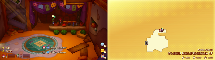 Mario and Luigi near wooden crates containing a Coin and a Mushroom on Desolatt Island of Mario & Luigi: Brothership.