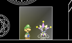 Dimentio about to Game Over himself and Luigi.