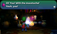 Luigi's first encounter with Jarvis in Luigi's Mansion for the Nintendo 3DS.