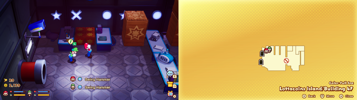Mario and Luigi near wooden crates containing a Coin and a Mushroom on Lottacoins Island of Mario & Luigi: Brothership.