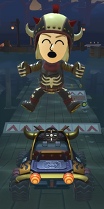 The Dry Bowser Mii Racing Suit performing a trick.